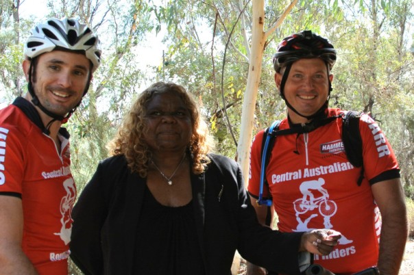 Andrew Ballestrin (right) with Ben Gooley and Hon. Bess Nungarrayi Price at the opening of the Alice Springs MTB Trail Network opening, in April 2014. PIC: Nic Learmonth